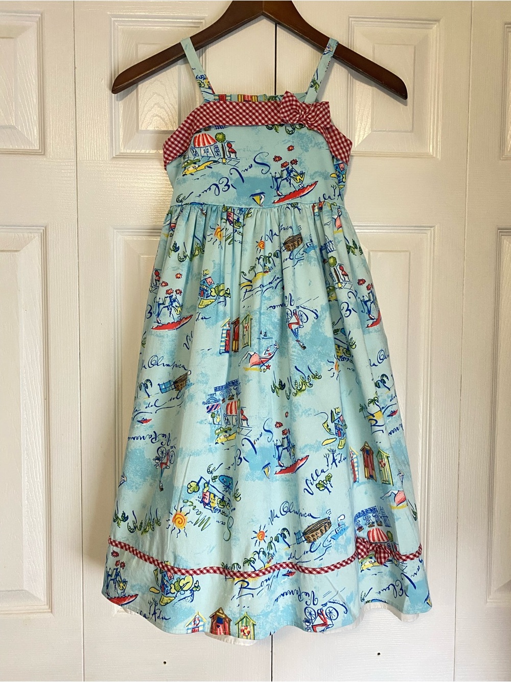 marmellata Light Blue Sundress with Red Gingham Trim Beach Vacation Print